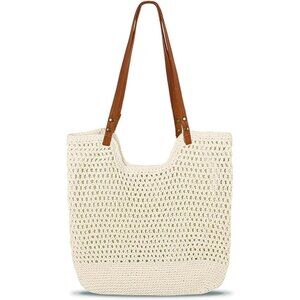 Women's Beige Boho Woven Shoulder Bag Crochet Beach Tote Purse For Beach Day